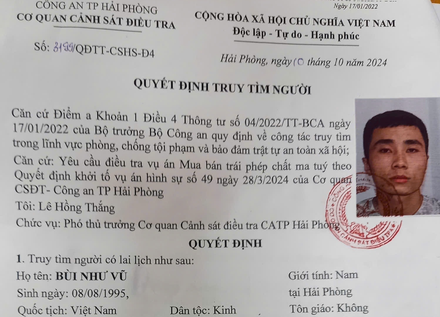 Phòng Cảnh sát hình sự: Thông báo truy tìm Bùi Như Vũ có liên quan vụ án về ma túy